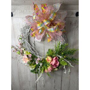 Handmade Floral Grapevine Rustic Wreath Pink Yellow Flowers Ferns w/ Ribbon Bow